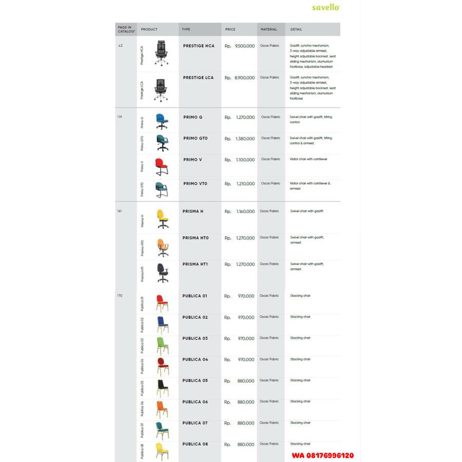 Kursi Kantor Savello PRESTIGE HCA LCA, PRIMO G GTO V VTO, PRISMA H HTO HT1, PUBLICA 01 02 03 04 05 06 07 08