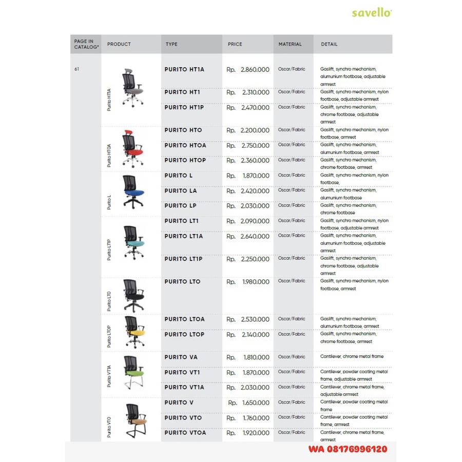 Kursi Kantor Savello PURITO HT1A HT1 HT1P HTO HTOA HTOP L LA LP LT1 LT1A LT1P LTO LTOA LTOP VA VT1 VT1A V VTO VTOA